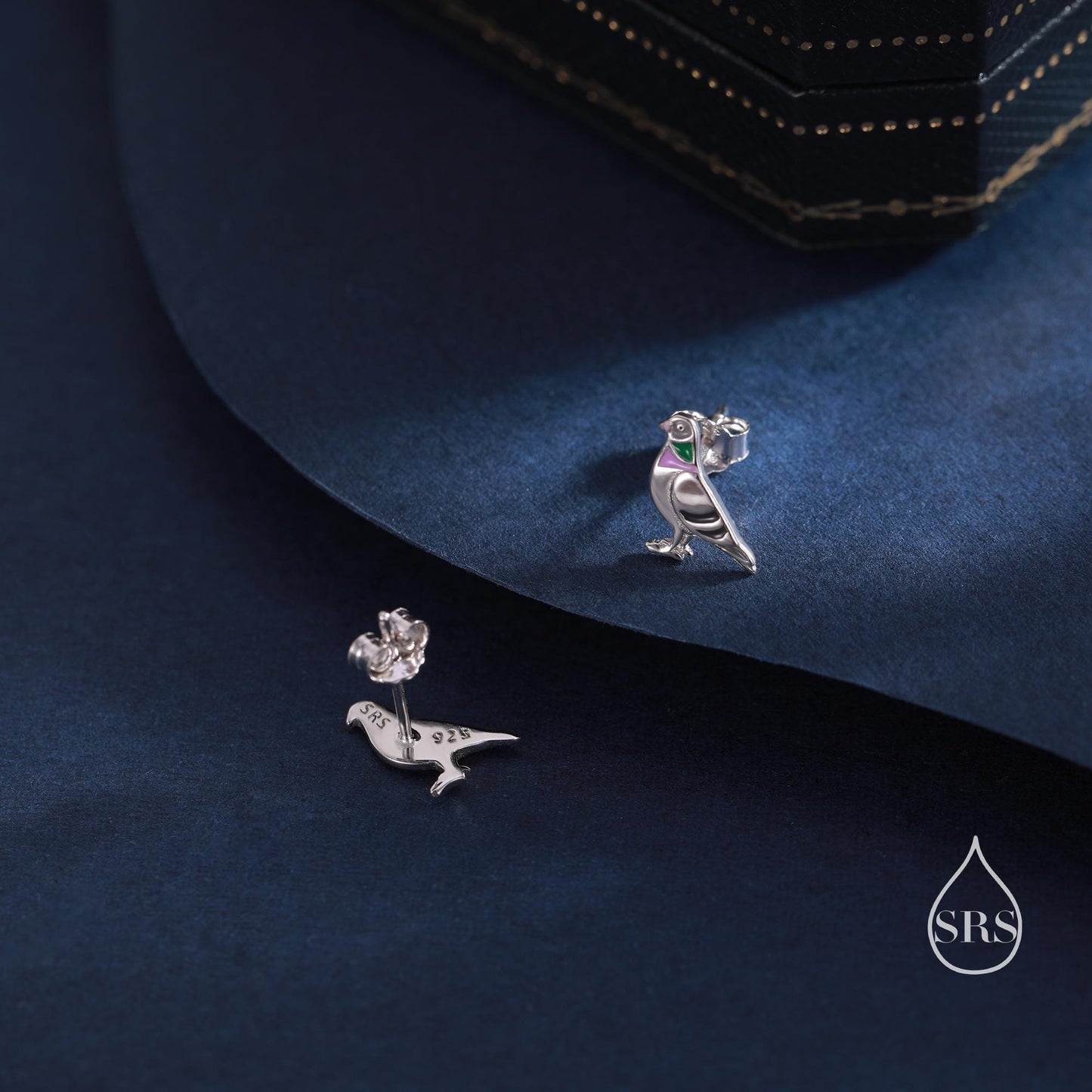 Quirky Mismatched Seagull and Pigeon Stud Earrings in Sterling Silver, Enamel Coated Pigeon Bird Earrings, Nature Inspired Animal Earrings