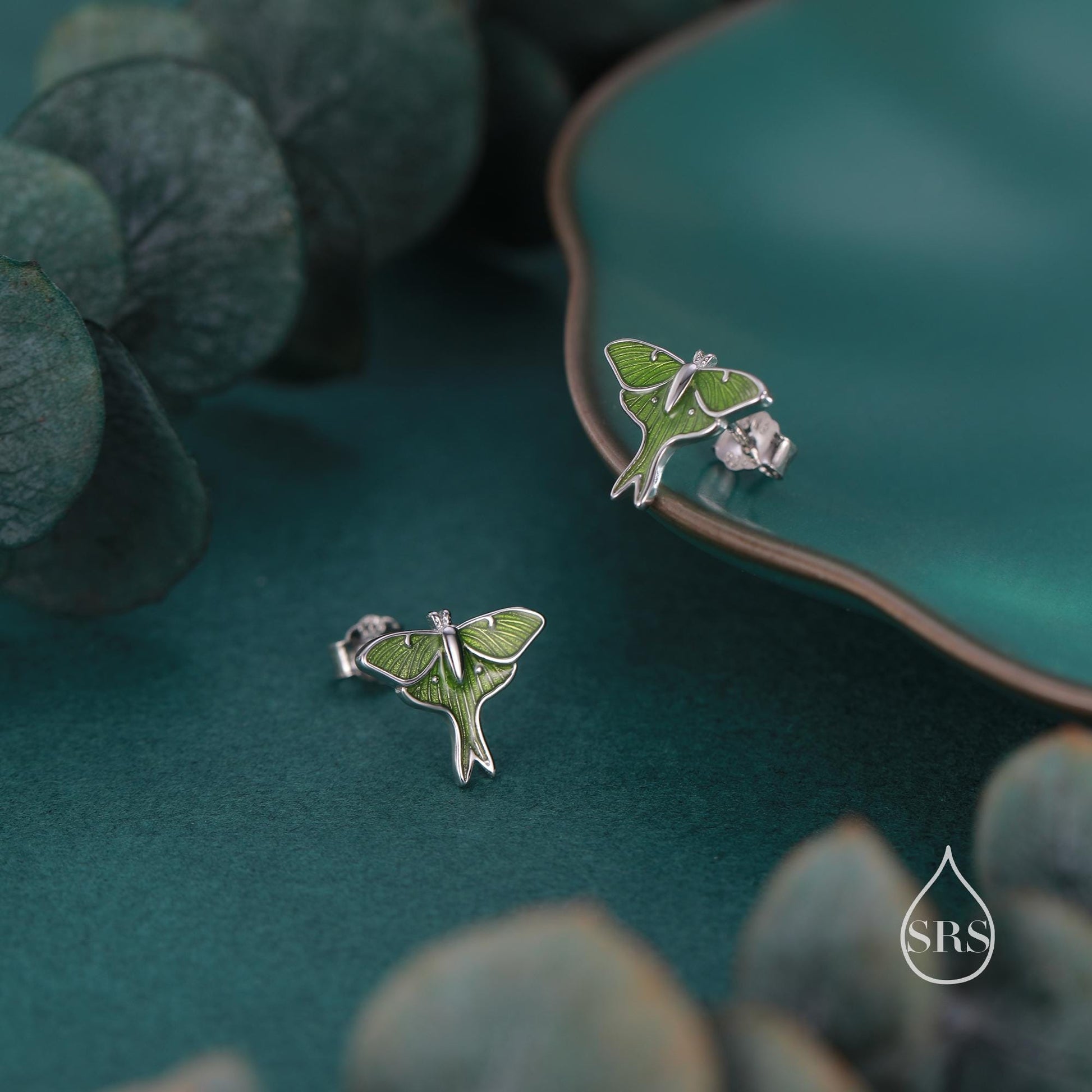 Lunar Moth Enamel Stud Earrings in Sterling Silver, Green Enamel Butterfly Earrings, Insect Earrings, Nature Inspired Animal Earrings