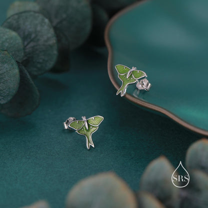 Lunar Moth Enamel Screw Back / Flat Back / Stud Earrings in Sterling Silver, Green Enamel Butterfly Earrings, Nature-Inspired Animal Earring