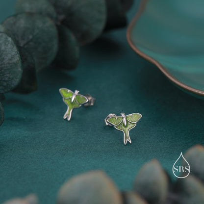 Lunar Moth Enamel Stud Earrings in Sterling Silver, Green Enamel Butterfly Earrings, Insect Earrings, Nature Inspired Animal Earrings