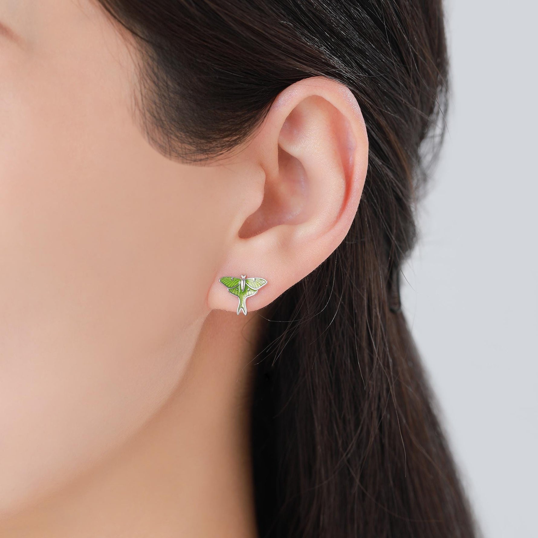 Lunar Moth Enamel Flat Back / Screw Back/ Stud Earrings in Sterling Silver, Green Enamel Butterfly Earrings, Nature-Inspired Animal Earring