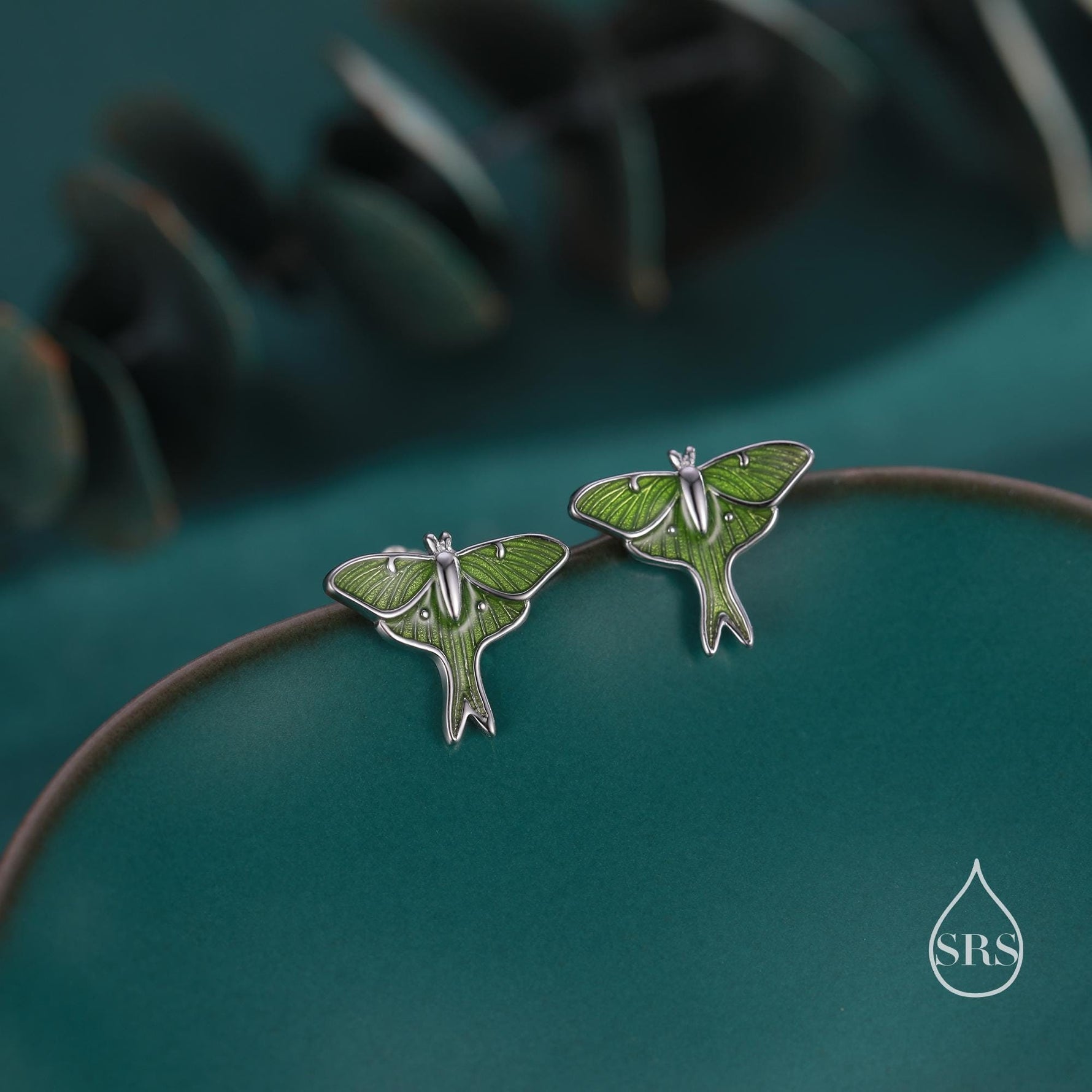 Lunar Moth Enamel Flat Back / Screw Back/ Stud Earrings in Sterling Silver, Green Enamel Butterfly Earrings, Nature-Inspired Animal Earring