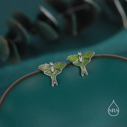 Lunar Moth Enamel Stud Earrings in Sterling Silver, Green Enamel Butterfly Earrings, Insect Earrings, Nature Inspired Animal Earrings