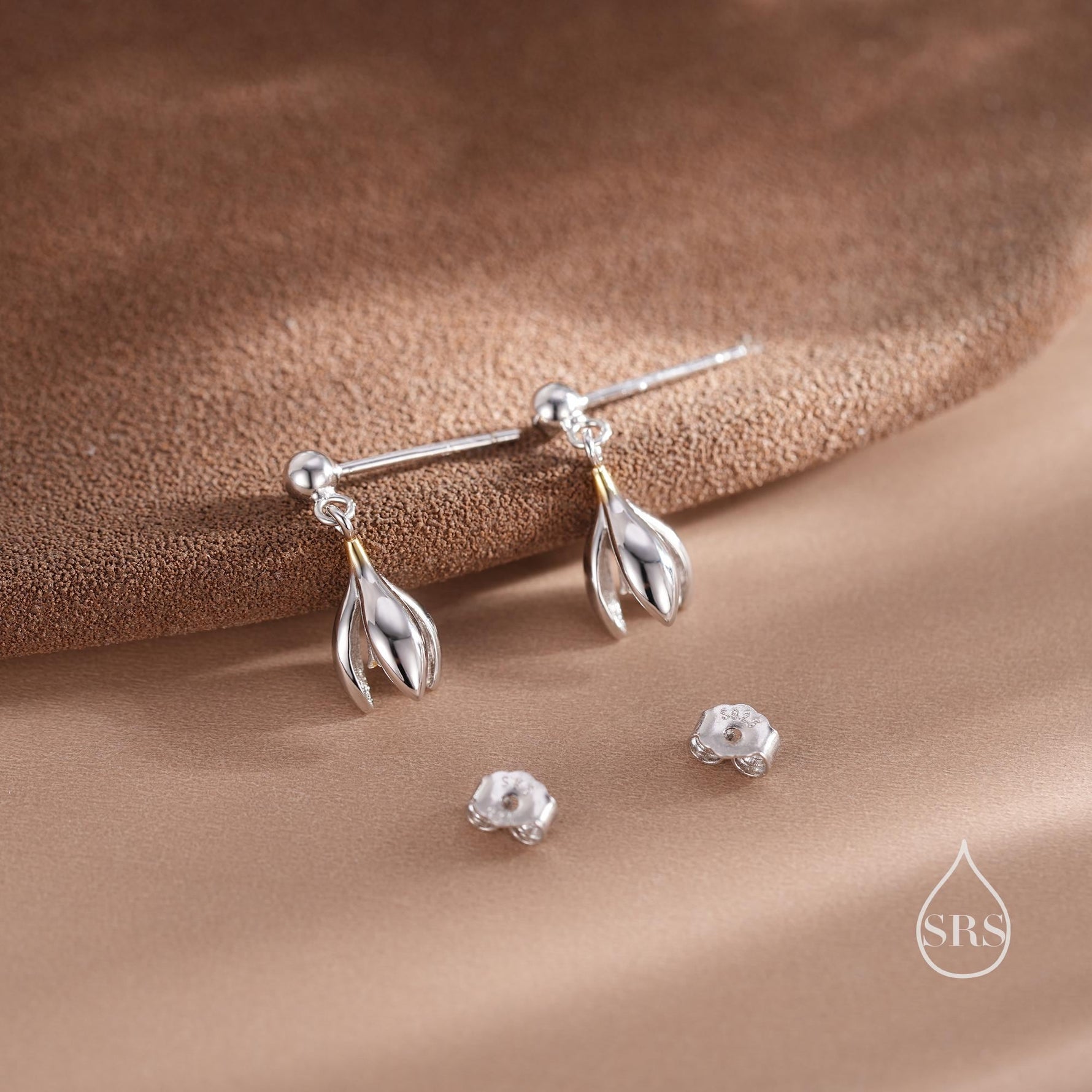 Snowdrop Flower Drop Dangle Earrings in Sterling Silver, Silver and Gold Two Tone, Nature Inspired Flower Earrings, January Birth Flower