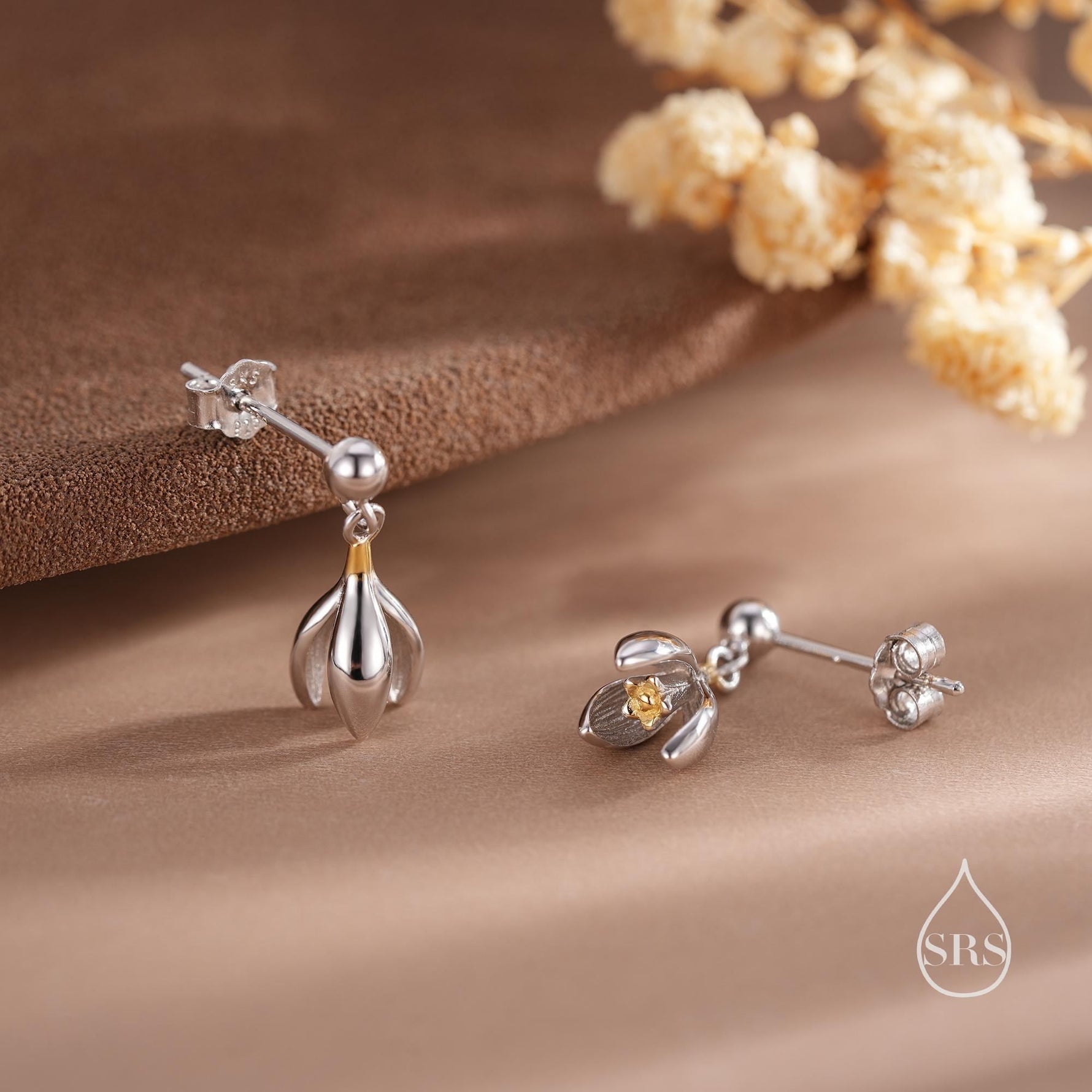 Snowdrop Flower Drop Dangle Earrings in Sterling Silver, Silver and Gold Two Tone, Nature Inspired Flower Earrings, January Birth Flower
