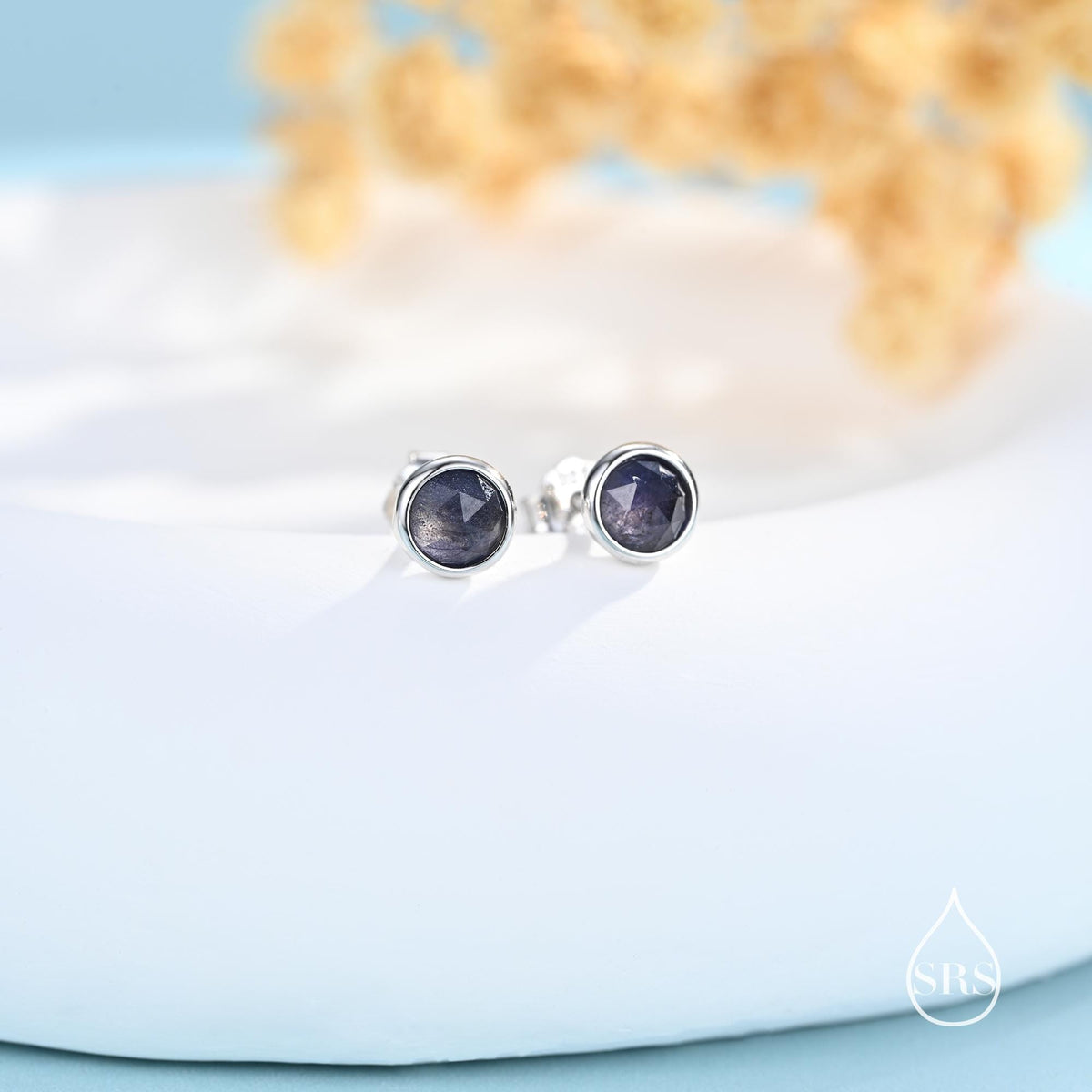 Sterling Silver Dark Iolite Stud Earrings in Sterling Silver, Bezel Set and Rose Cut Iolite, Natural liolite Earrings,