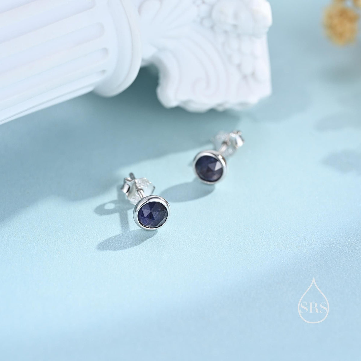 Sterling Silver Dark Iolite Stud Earrings in Sterling Silver, Bezel Set and Rose Cut Iolite, Natural liolite Earrings,