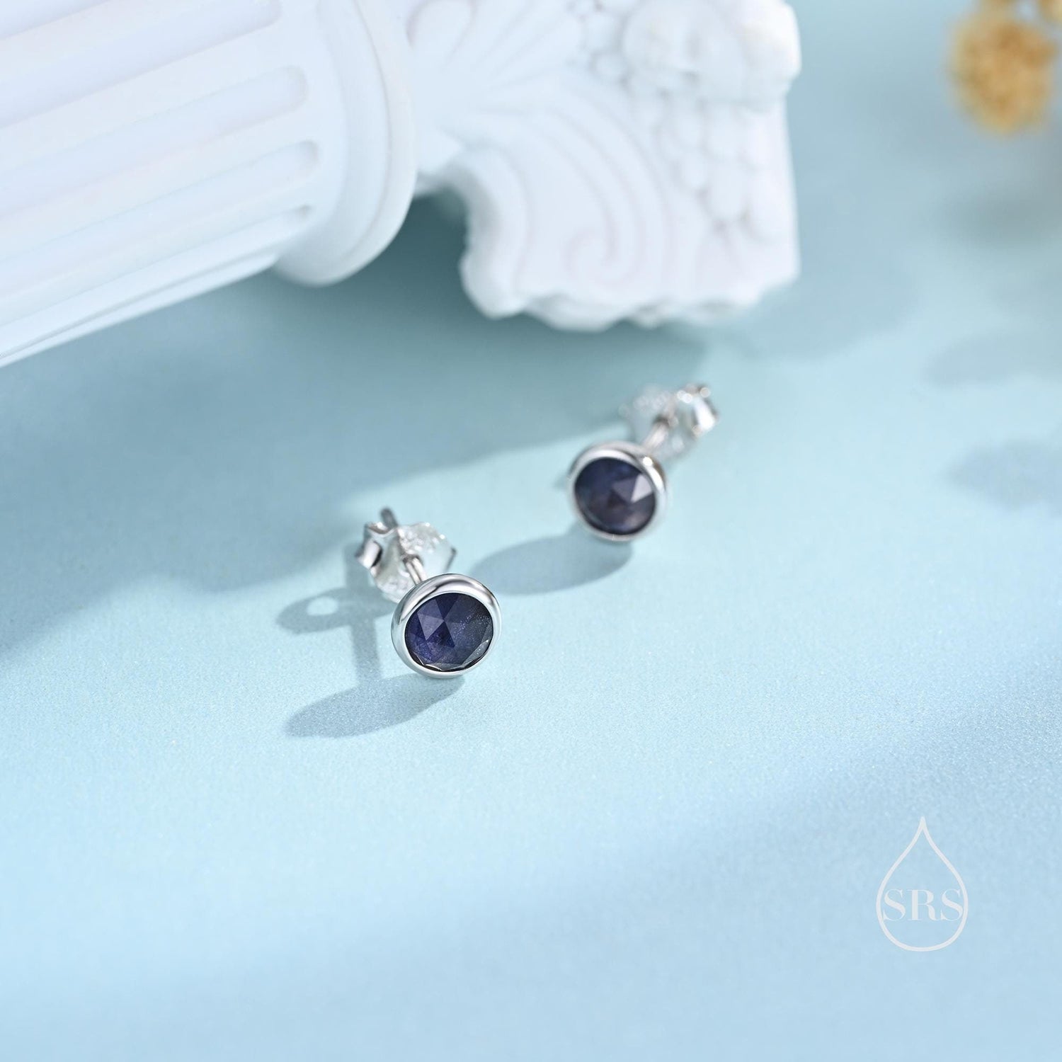 Sterling Silver Dark Iolite Stud Earrings in Sterling Silver, Bezel Set and Rose Cut Iolite, Natural liolite Earrings,