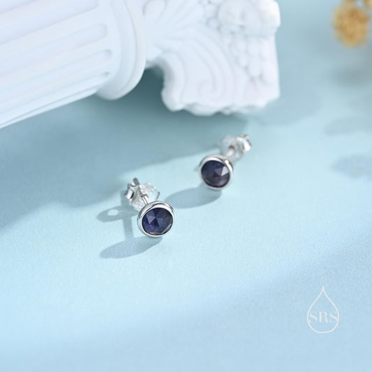 Sterling Silver Dark Iolite Stud Earrings in Sterling Silver, Bezel Set and Rose Cut Iolite, Natural iolite Earrings,