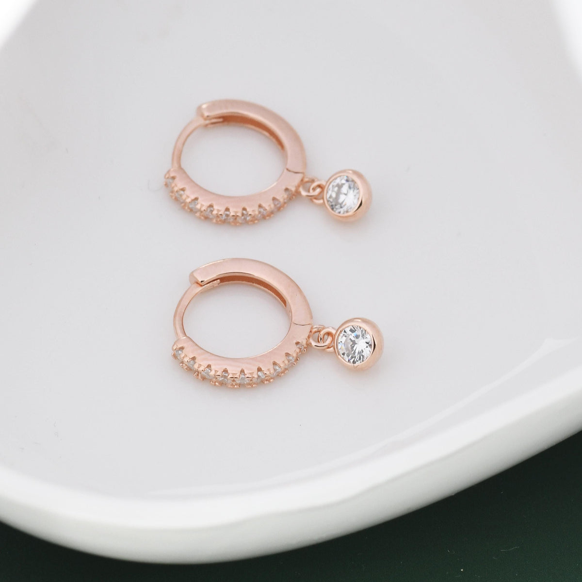 Tiny CZ Dangle Huggie Hoop in Sterling Silver, Silver or Gold, Skinny CZ Dangle Earrings, CZ Hoops