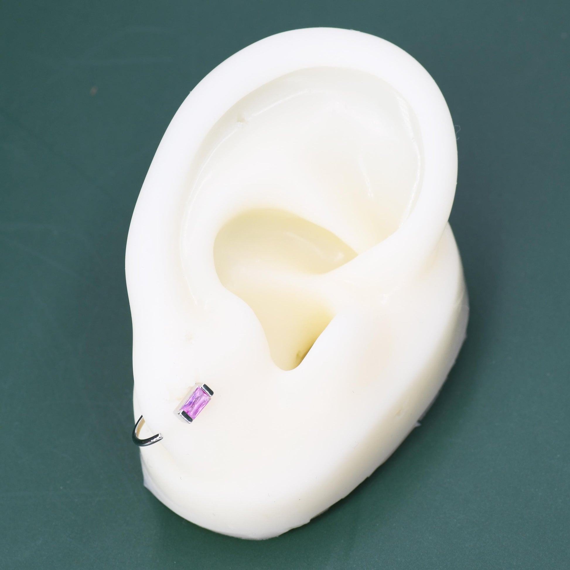 Tiny Pink Baguette Cut CZ Huggie Hoop Earrings in Sterling Silver, Silver or Gold, Open Hoops, Pull-Through Threader Earrings, Ruby Red