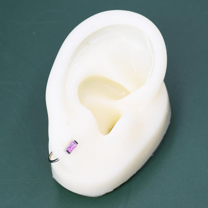 Tiny Pink Baguette Cut CZ Huggie Hoop Earrings in Sterling Silver, Silver or Gold, Open Hoops, Pull-Through Threader Earrings, Ruby Red