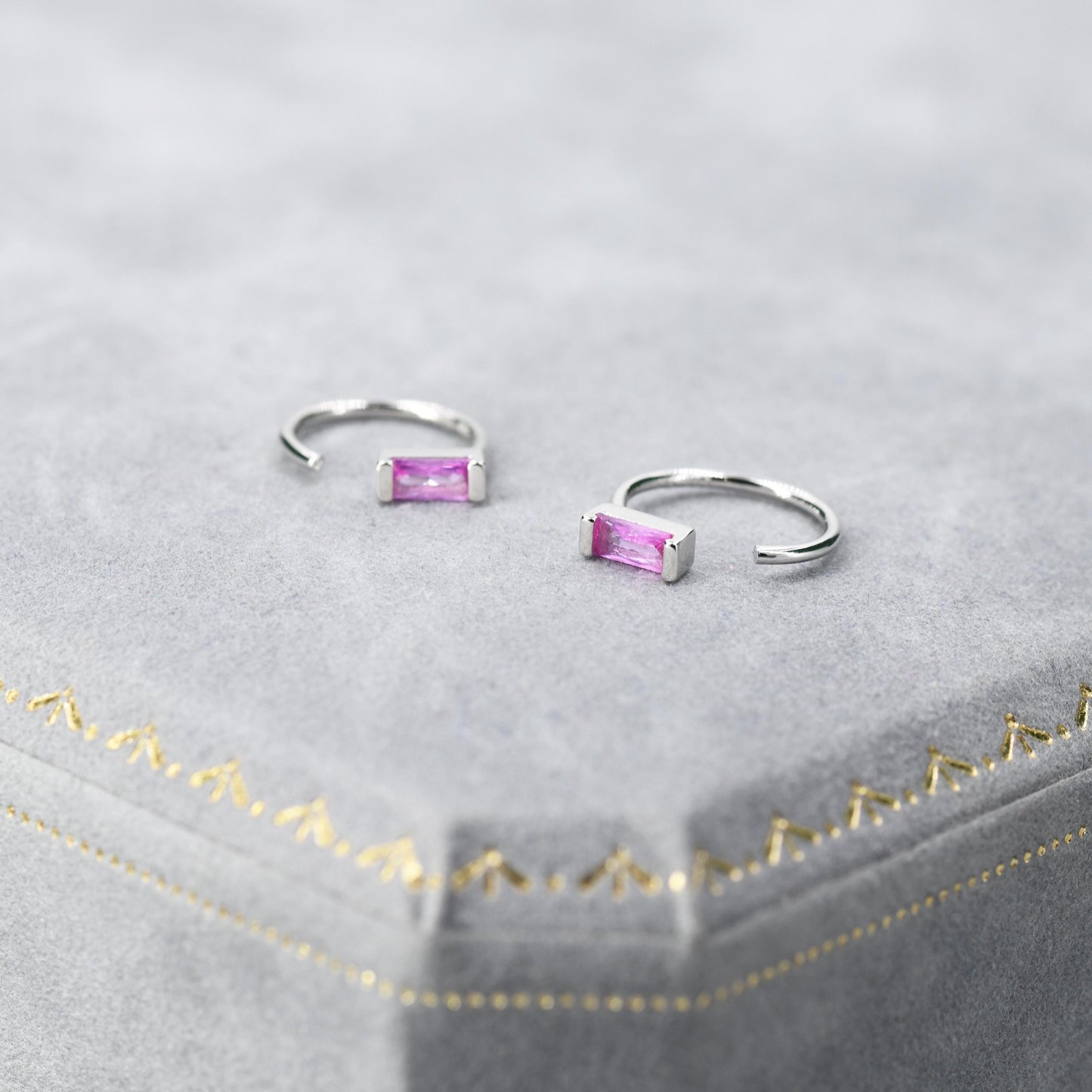 Tiny Pink Baguette Cut CZ Huggie Hoop Earrings in Sterling Silver, Silver or Gold, Open Hoops,  Pull-Through Threader Earrings, Ruby Red