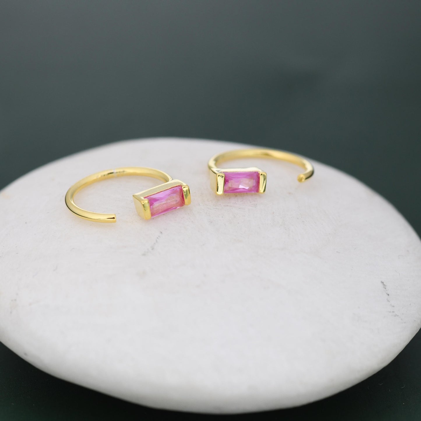 Tiny Pink Baguette Cut CZ Huggie Hoop Earrings in Sterling Silver, Silver or Gold, Open Hoops,  Pull-Through Threader Earrings, Ruby Red