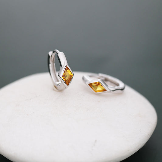 Tiny Rhombus Citrine Yellow CZ Huggie Hoop in Sterling Silver, Silver or Gold, Minimalist Simple Kite Shape CZ Hoop Earrings