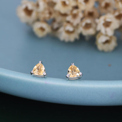 Genuine Yellow Citrine Crystal Stud Earrings in Sterling Silver, Silver or Gold, Trillion Cut Citrine Earrings, Double Pronged