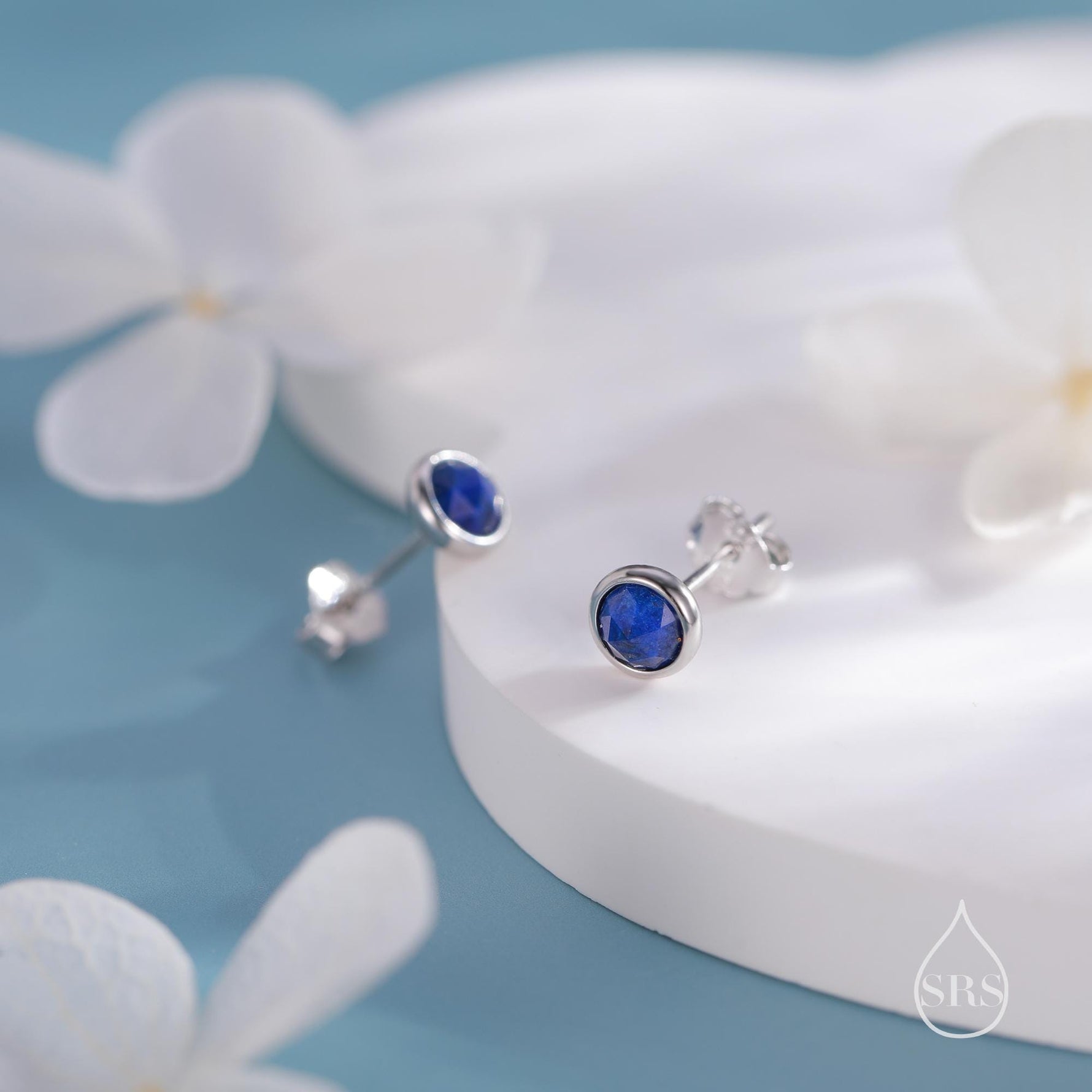 Tiny Sterling Silver Lapis Lazuli Stud Earrings in Sterling Silver, 4mm Bezel Set and Rose Cut Lapis Lazuli Stone, Natural Lapis Earrings,