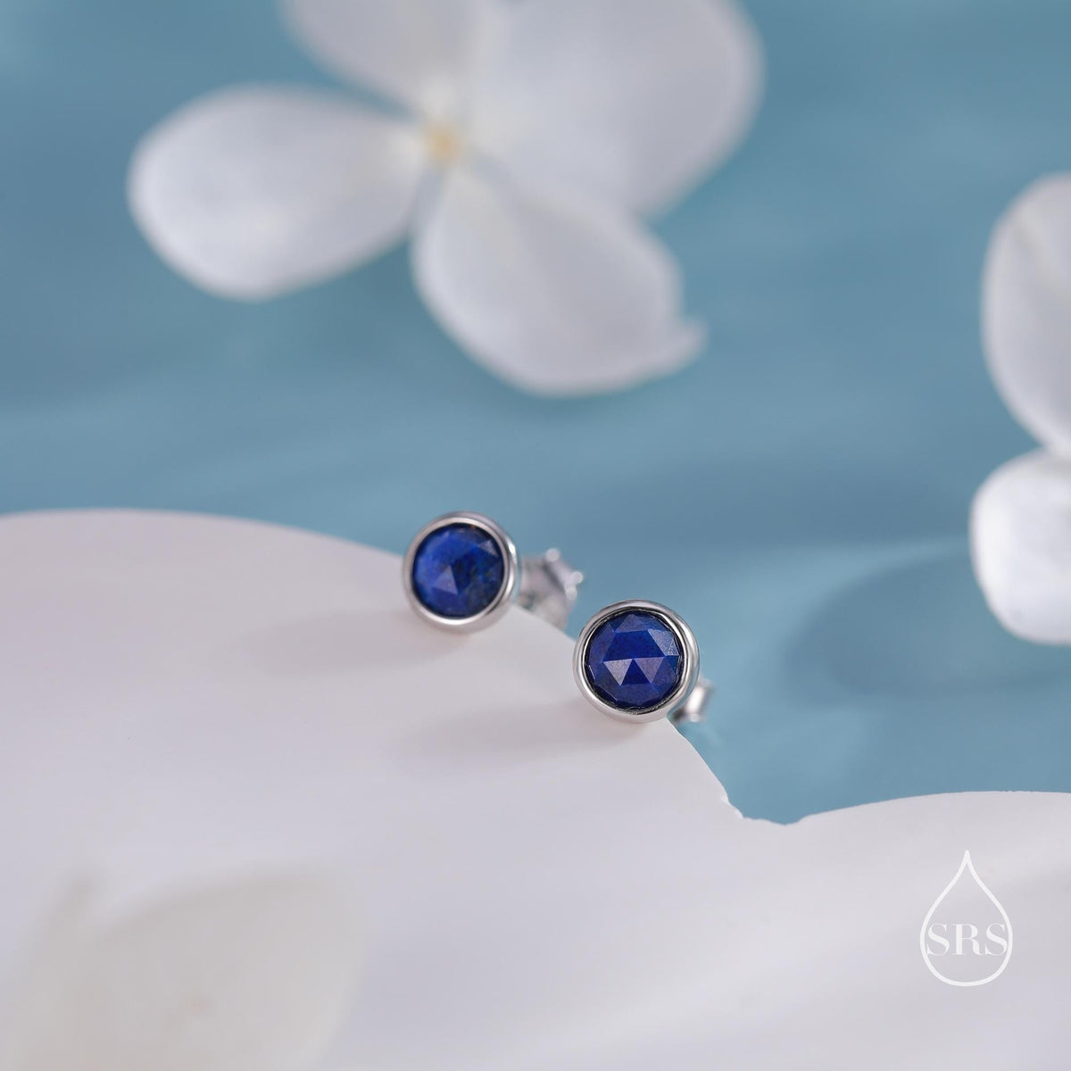 Tiny Sterling Silver Lapis Lazuli Stud Earrings in Sterling Silver, 4mm Bezel Set and Rose Cut Lapis Lazuli Stone, Natural Lapis Earrings,