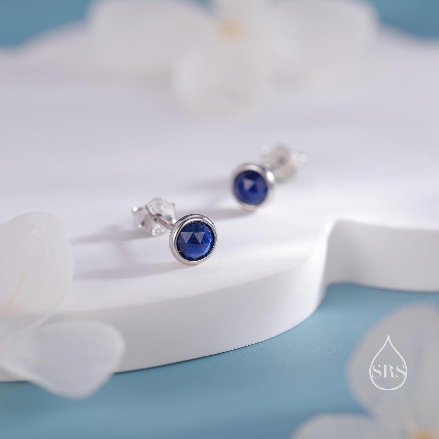 Tiny Sterling Silver Lapis Lazuli Stud Earrings in Sterling Silver, 4mm Bezel Set and Rose Cut Lapis Lazuli Stone, Natural Lapis Earrings,