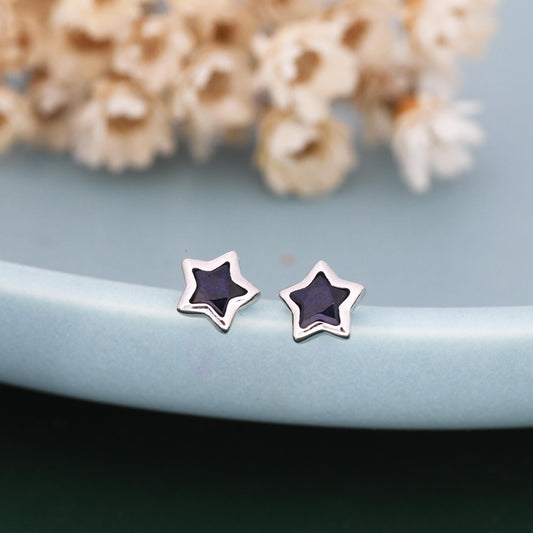 Darkest Blue CZ Star Stud Earrings in Sterling Silver, Silver or Gold,  Sparkly Crystal Star Earrings, Stacking Earrings