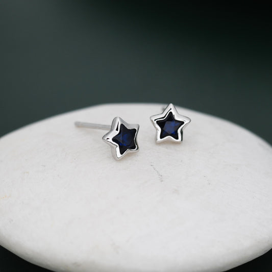 Darkest Blue CZ Star Stud Earrings in Sterling Silver, Silver or Gold,  Sparkly Crystal Star Earrings, Stacking Earrings