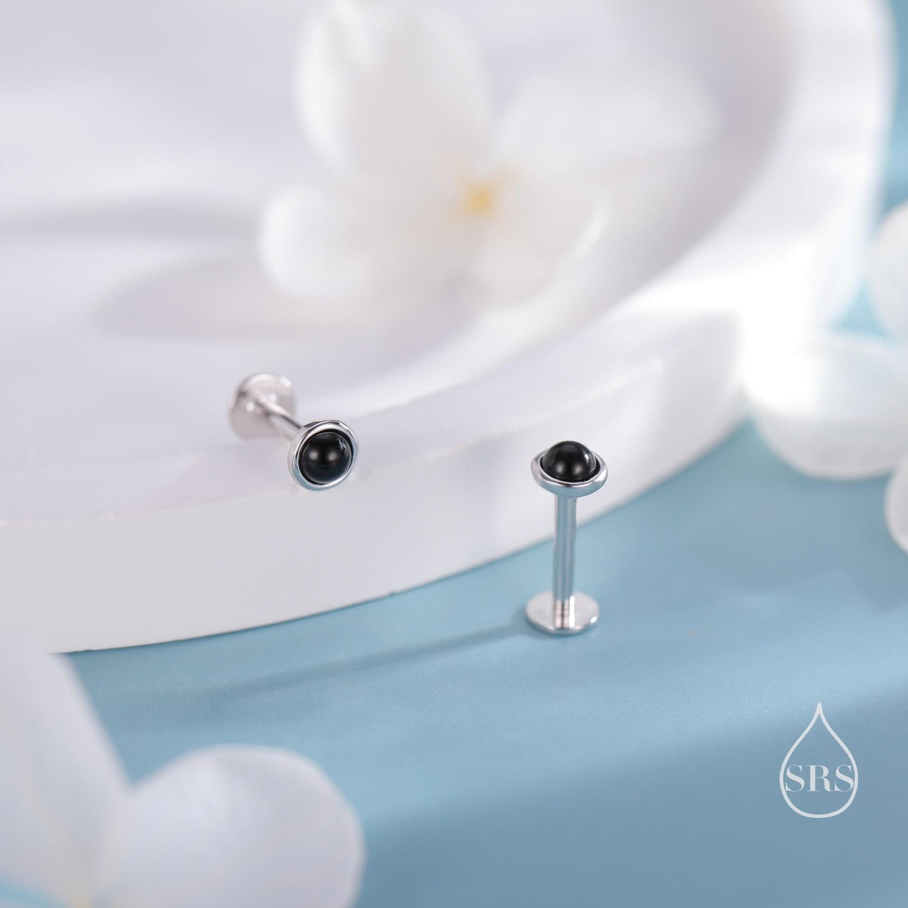 Genuine Black Onyx 16G Internally Threaded Flat Back Earrings in Sterling Silver
