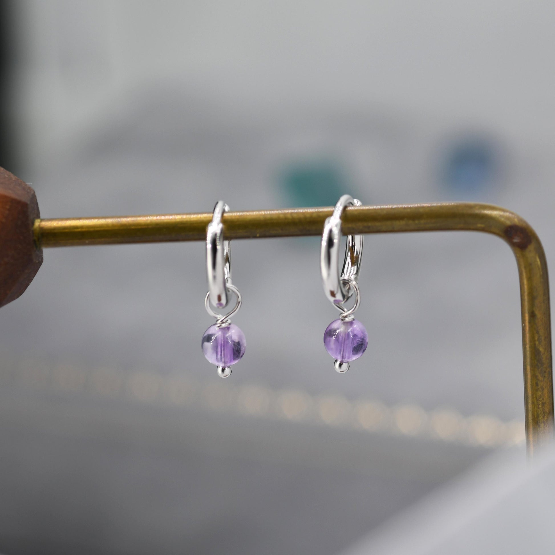 Sterling Silver Natural Lilac Purple Amethyst Bead Huggie Hoop Earrings, Minimalist Purple Amethyst Dangle Hoop Earrings