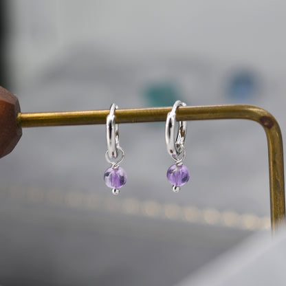 Sterling Silver Natural Lilac Purple Amethyst Bead Huggie Hoop Earrings, Minimalist Purple Amethyst Dangle Hoop Earrings
