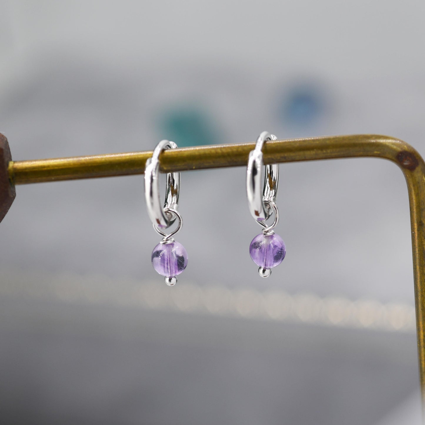 Sterling Silver Natural Lilac Purple Amethyst Bead Huggie Hoop Earrings, Minimalist Purple Amethyst Dangle Hoop Earrings
