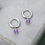 Sterling Silver Natural Lilac Purple Amethyst Bead Huggie Hoop Earrings, Minimalist Purple Amethyst Dangle Hoop Earrings