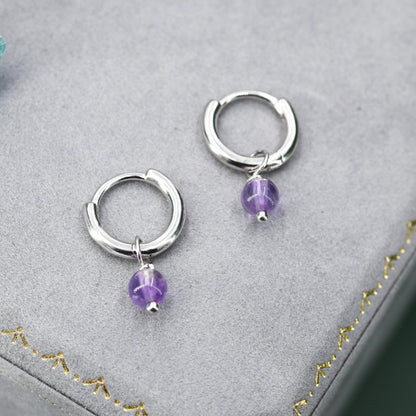 Sterling Silver Natural Lilac Purple Amethyst Bead Huggie Hoop Earrings,  Minimalist Purple Amethyst Dangle Hoop Earrings