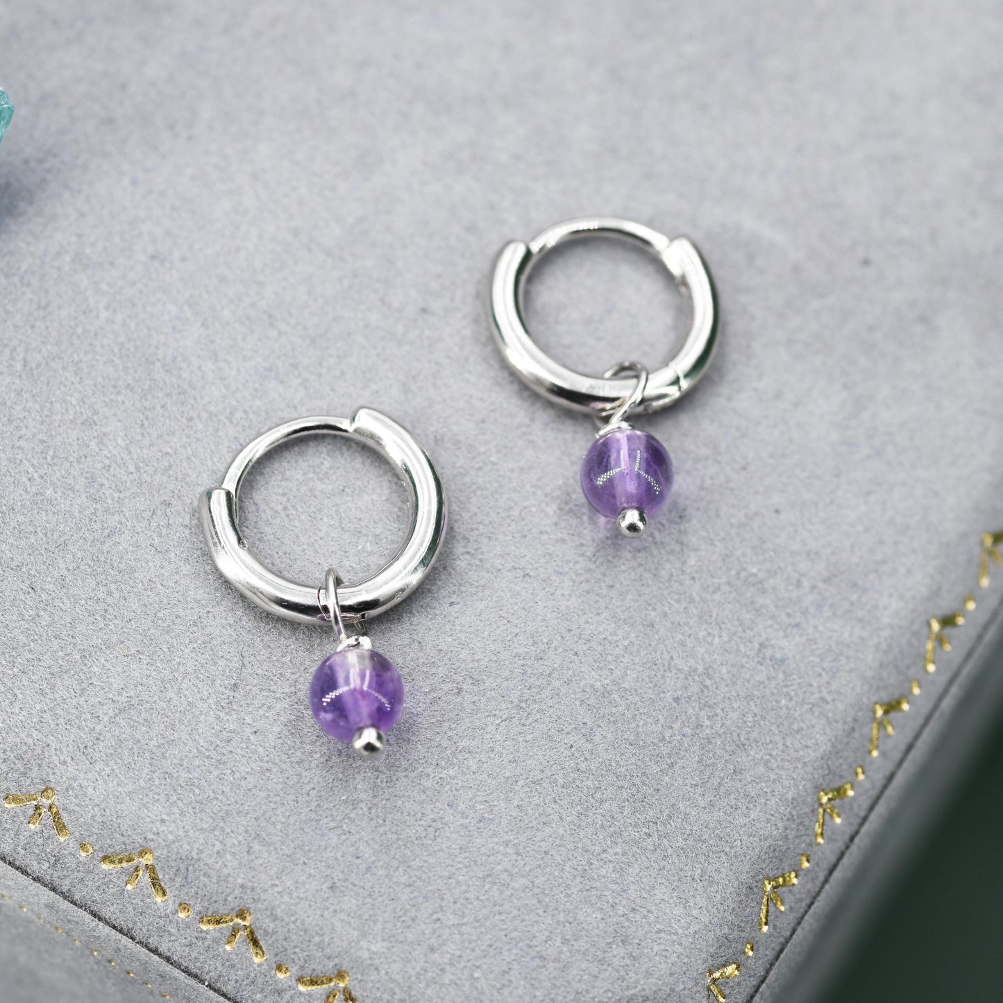 Sterling Silver Natural Lilac Purple Amethyst Bead Huggie Hoop Earrings, Minimalist Purple Amethyst Dangle Hoop Earrings