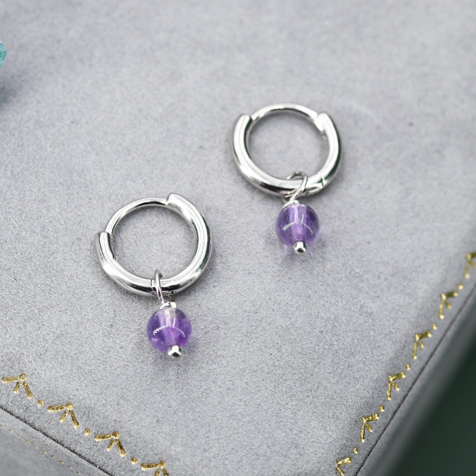 Sterling Silver Natural Lilac Purple Amethyst Bead Huggie Hoop Earrings, Minimalist Purple Amethyst Dangle Hoop Earrings
