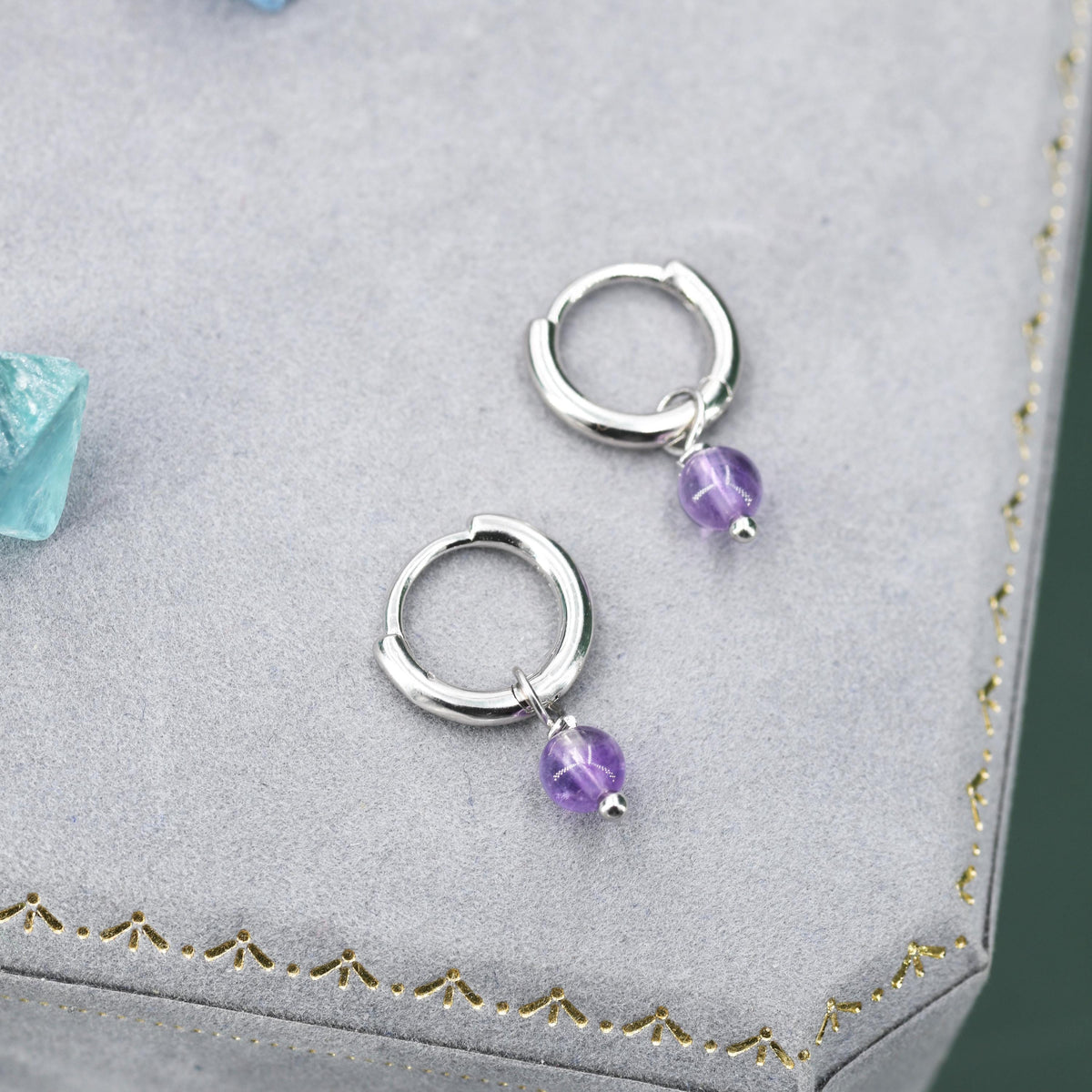 Sterling Silver Natural Lilac Purple Amethyst Bead Huggie Hoop Earrings, Minimalist Purple Amethyst Dangle Hoop Earrings