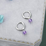 Sterling Silver Natural Lilac Purple Amethyst Bead Huggie Hoop Earrings, Minimalist Purple Amethyst Dangle Hoop Earrings