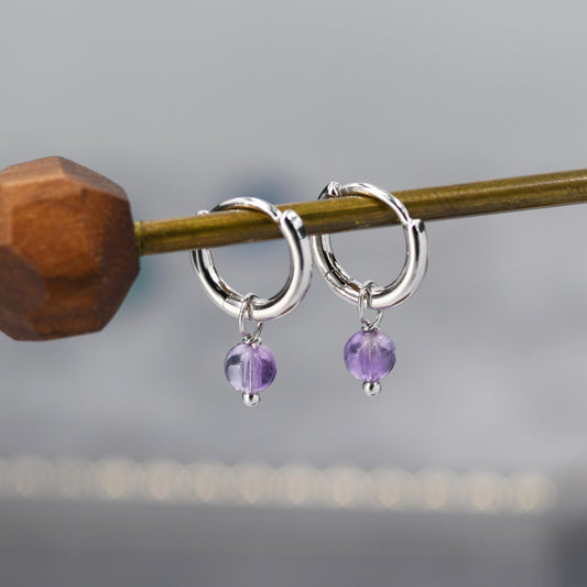 Sterling Silver Natural Lilac Purple Amethyst Bead Huggie Hoop Earrings, Minimalist Purple Amethyst Dangle Hoop Earrings