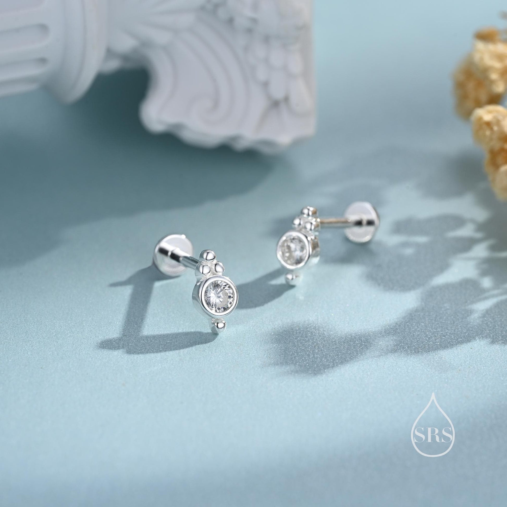 Tiny CZ Crystal with Dot Trio Screw Back / Internally Threaded Flat Back Earrings, Dot Earrings, Vintage Inspired Design
