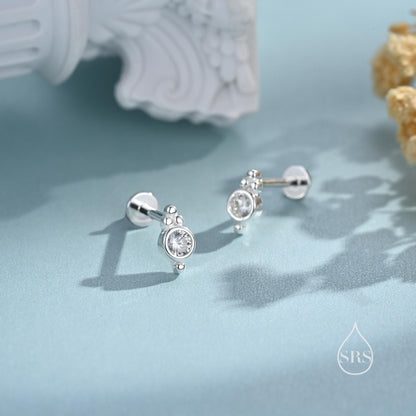 Tiny CZ Crystal with Dot Trio Screw Back / Internally Threaded Flat Back Earrings, Dot Earrings, Vintage Inspired Design