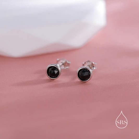 Sterling Silver Genuine Black Tourmaline Tiny Stud Earrings, Natural Rose Cut Black Tourmaline Stud, Semi-Precious Gemstones, 4mm Bezel
