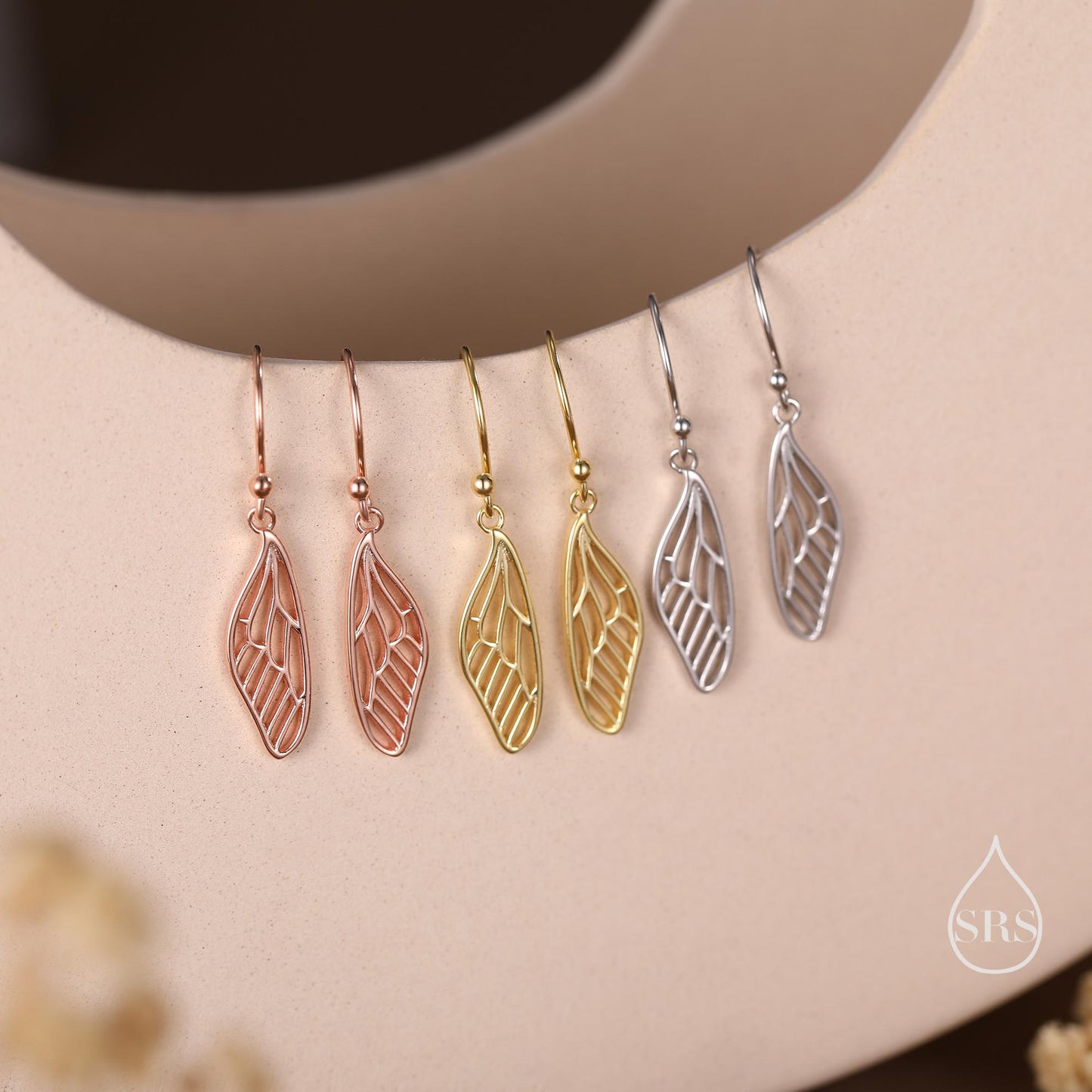 Dragonfly Wing Drop Earrings in Sterling Silver, Silver or Gold or Rose Gold, Butterfly Wing Earrings,  Wing Earrings,