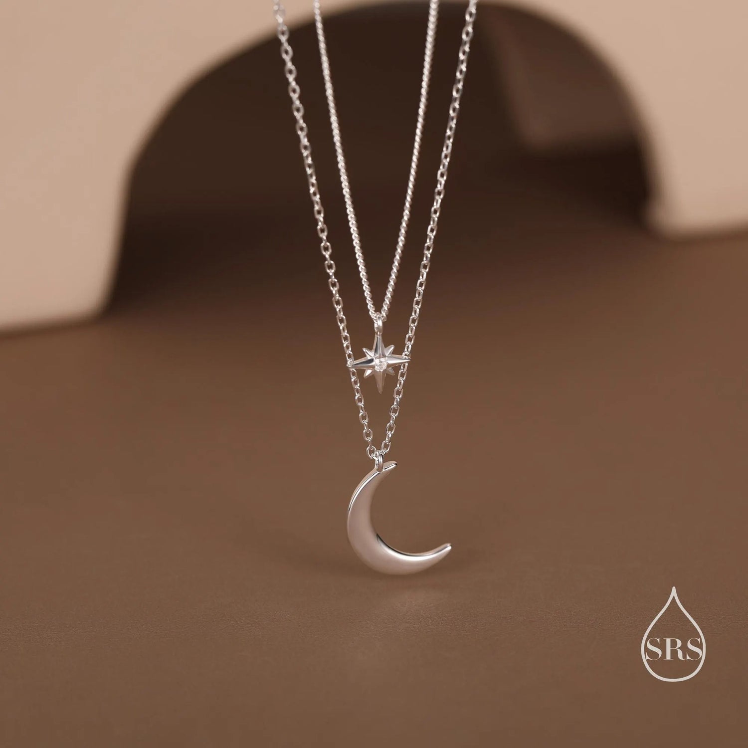 Two Layer Crescent Moon and Star Pendant Necklace in Sterling Silver - Double Layer New Moon and Starburst Necklace