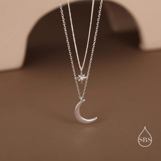 Two Layer Crescent Moon and Star Pendant Necklace in Sterling Silver - Double Layer New Moon and Starburst Necklace