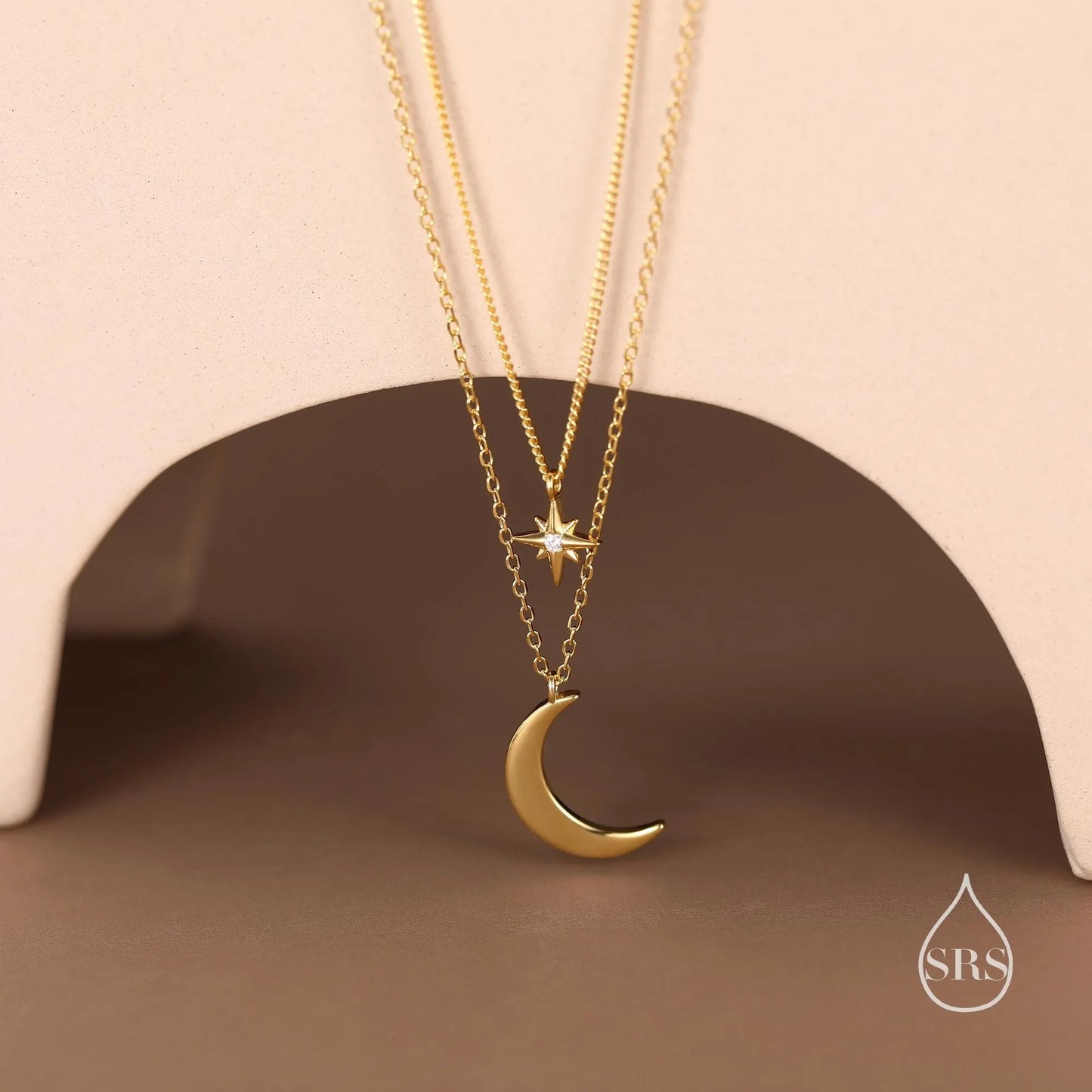 Two Layer Crescent Moon and Star Pendant Necklace in Sterling Silver - Double Layer New Moon and Starburst Necklace
