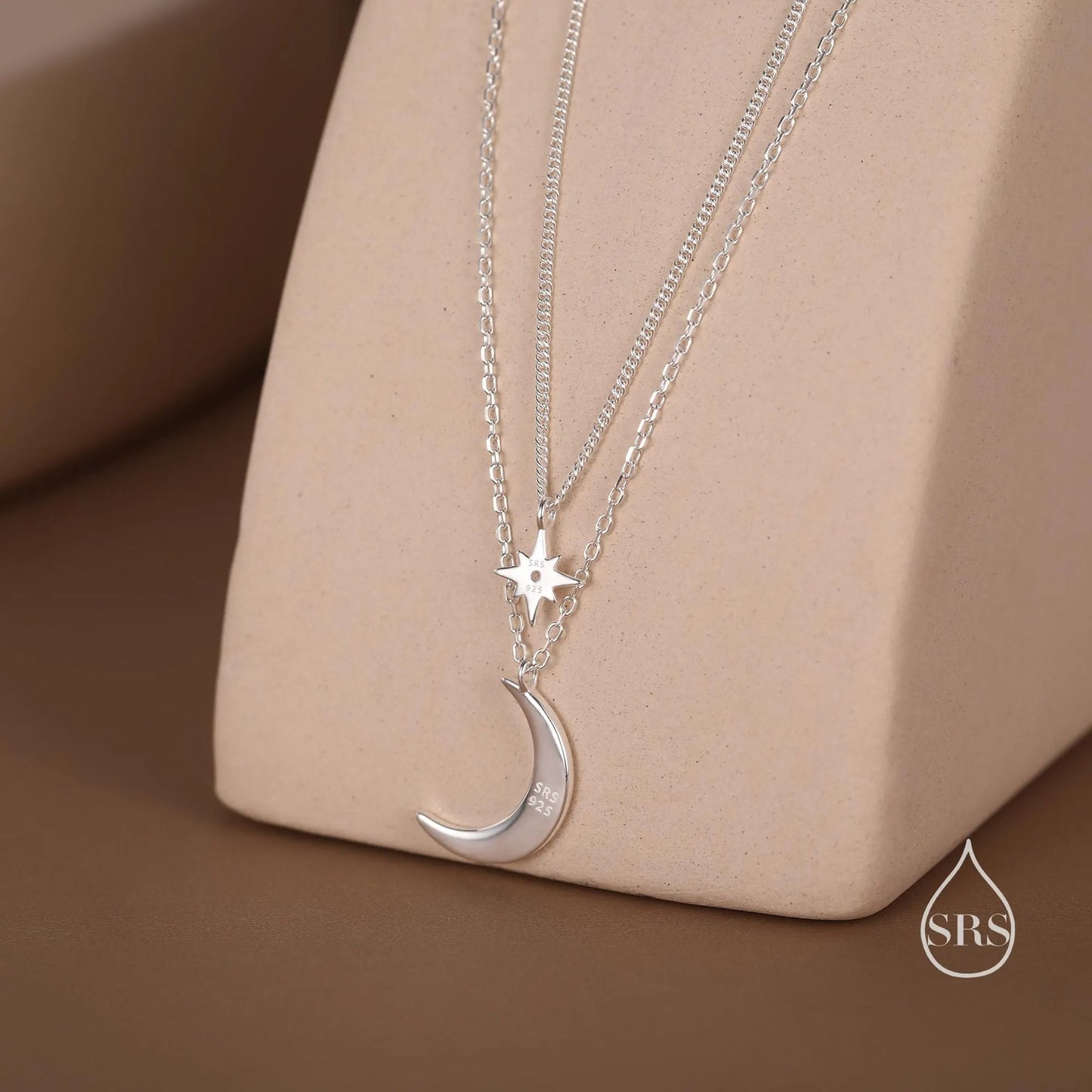 Two Layer Crescent Moon and Star Pendant Necklace in Sterling Silver - Double Layer New Moon and Starburst Necklace