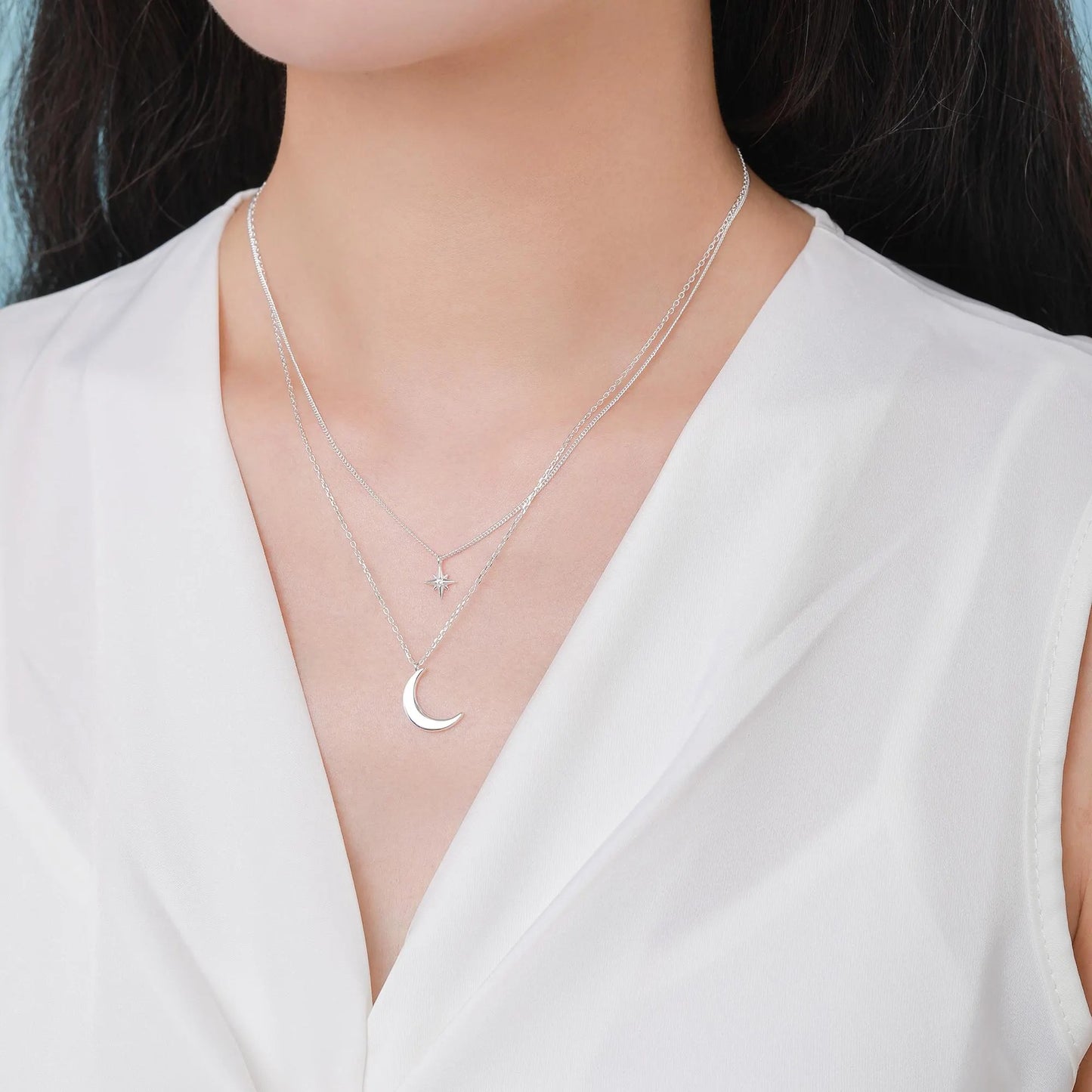 Two Layer Crescent Moon and Star Pendant Necklace in Sterling Silver - Double Layer New Moon and Starburst Necklace