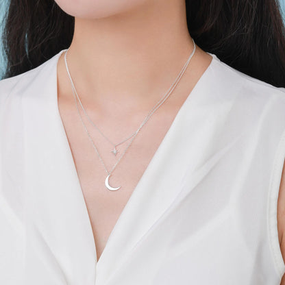 Two Layer Crescent Moon and Star Pendant Necklace in Sterling Silver - Double Layer New Moon and Starburst Necklace