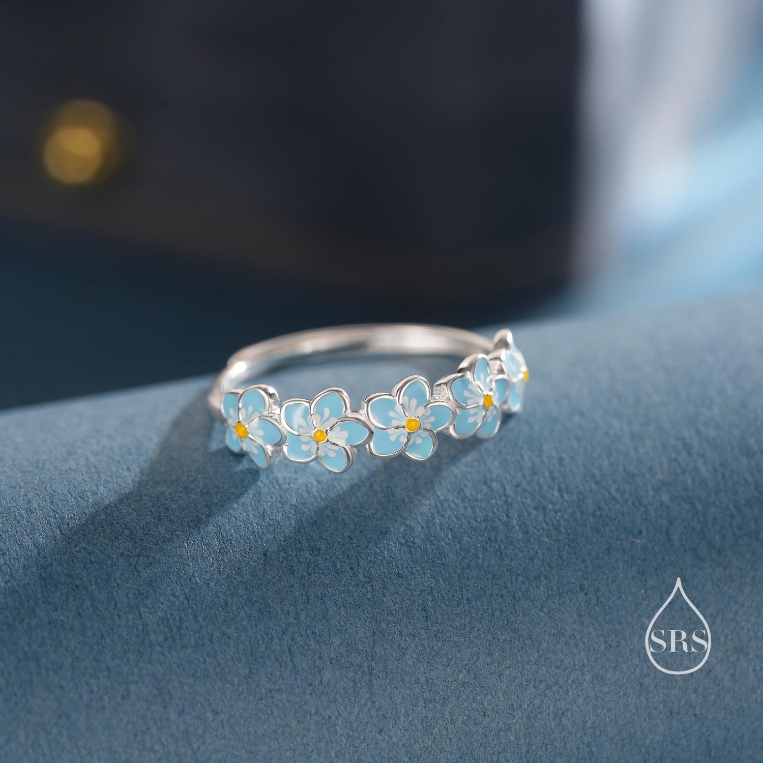 Sterling Silver Enamel Forget-me-not Flower Ring, Adjustable Size, Forget me not enamel flower Motif ring,  Dainty and Delicate