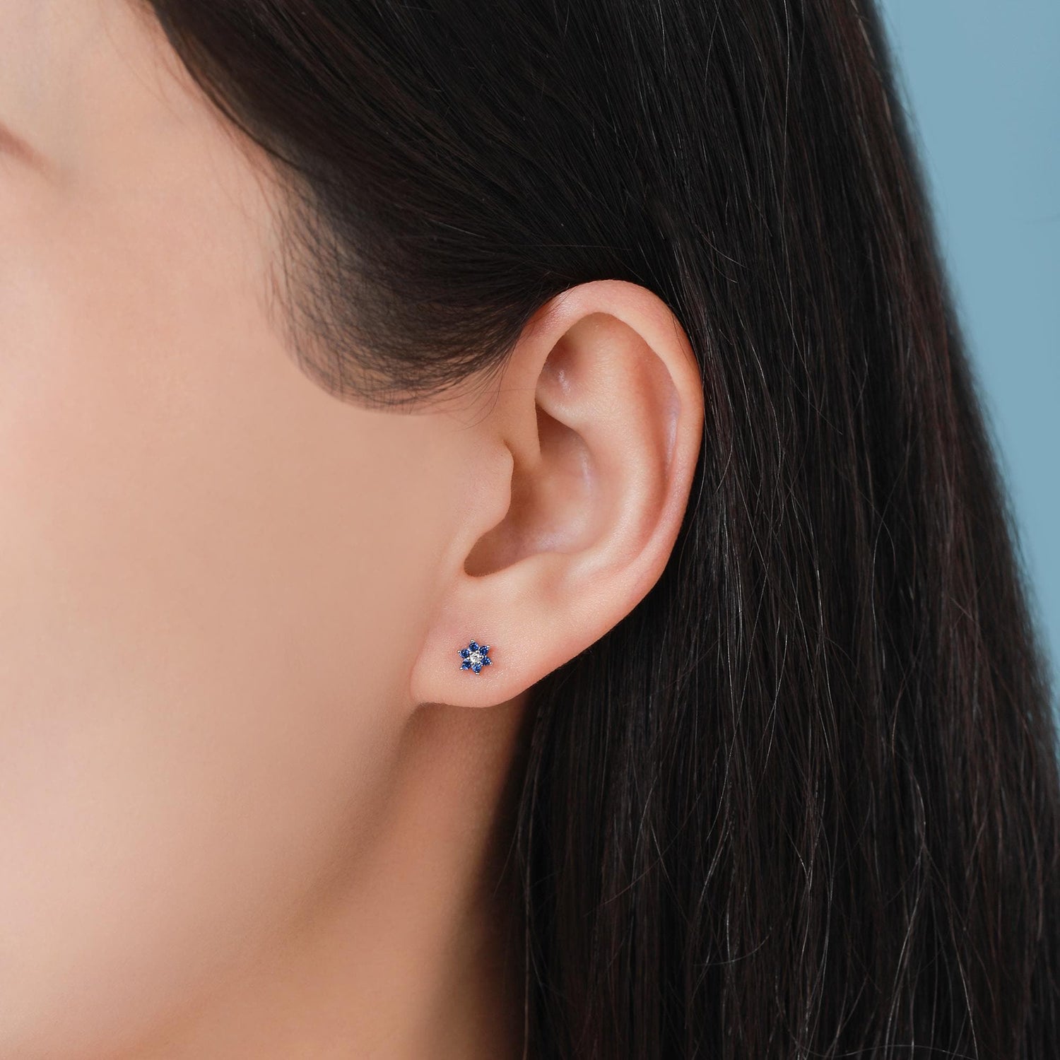 Tiny Sapphire Blue CZ Flower 16G Internally Threaded Flat Back Earrings in Sterling Silver
