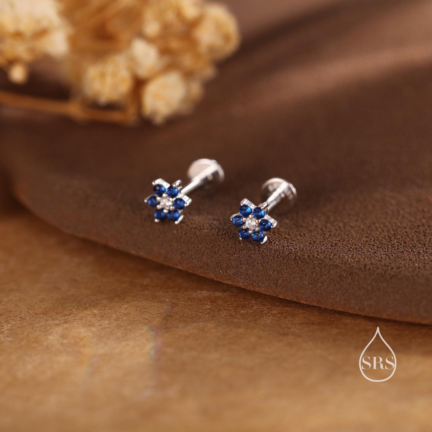 Tiny Sapphire Blue CZ Flower 16G Internally Threaded Flat Back Earrings in Sterling Silver