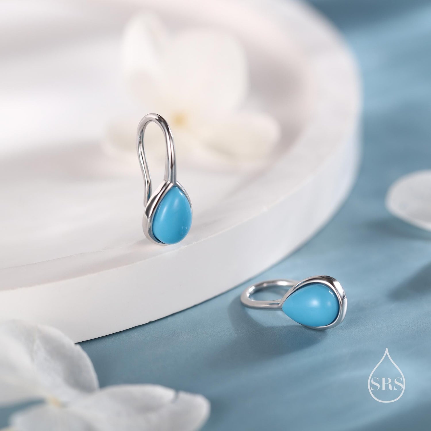 Pear Cut Turquoise Stone Drop Hook Earrings in Sterling Silver, Delicate Natural Blue Turquoise Earrings, Pear Droplet Turquoise Earrings